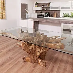 teak root rectangle dining table with 2m x 1 m glass