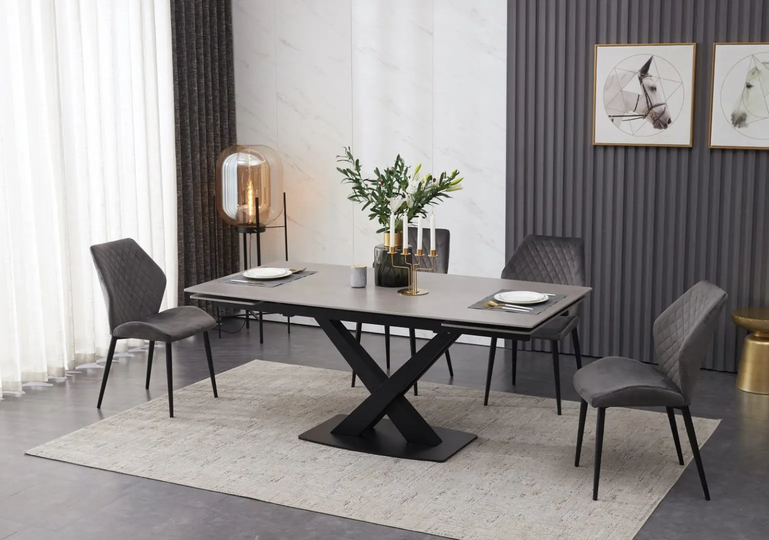ceramic grey extending dining table with 6 velvet chairs - Tables