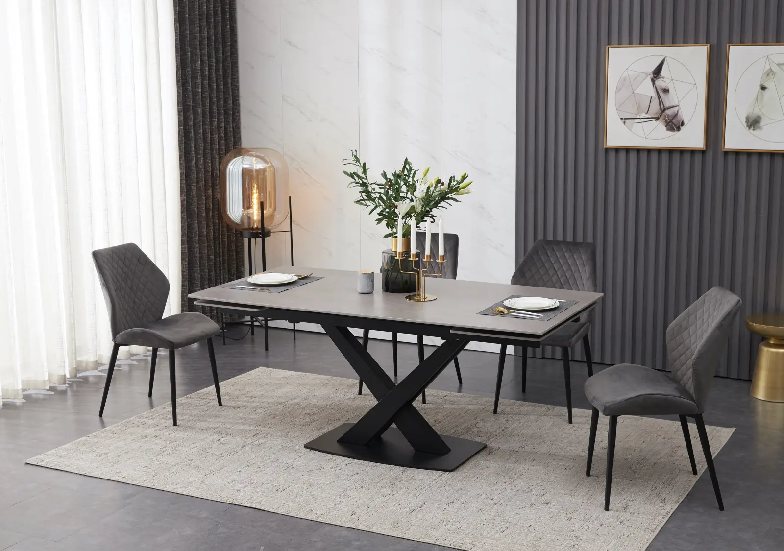 Ceramic Grey Table with 6 Modern Grey Velvet Dining Chairs - Tables ...