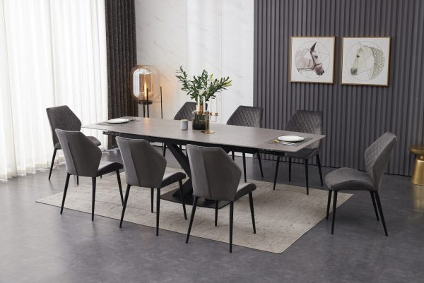 ceramic , grey ,extending dining table with 8 grey velvet dining chairs
