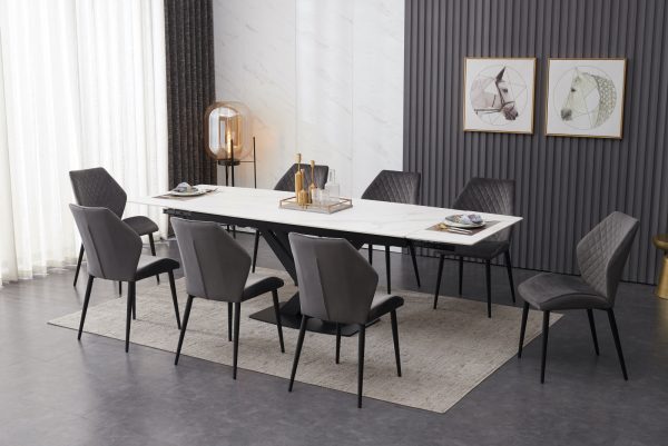 Ceramic White Extendable Table with 8 Velvet Chairs