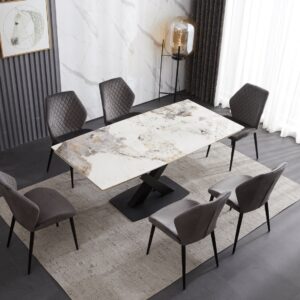 Ceramic Extending Table – White & Copper Marble Style with 6 Velvet Chairs