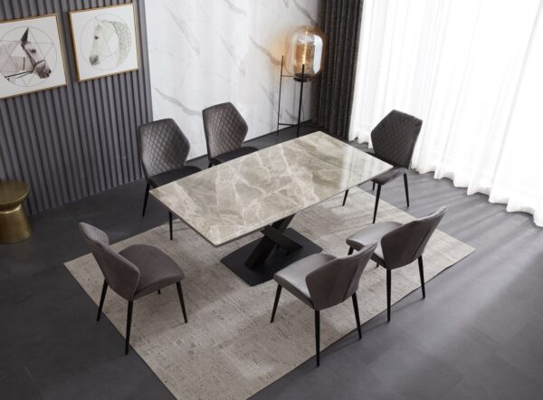 Ceramic Extending Table – Grey & White Gloss with 6 velvet chairs