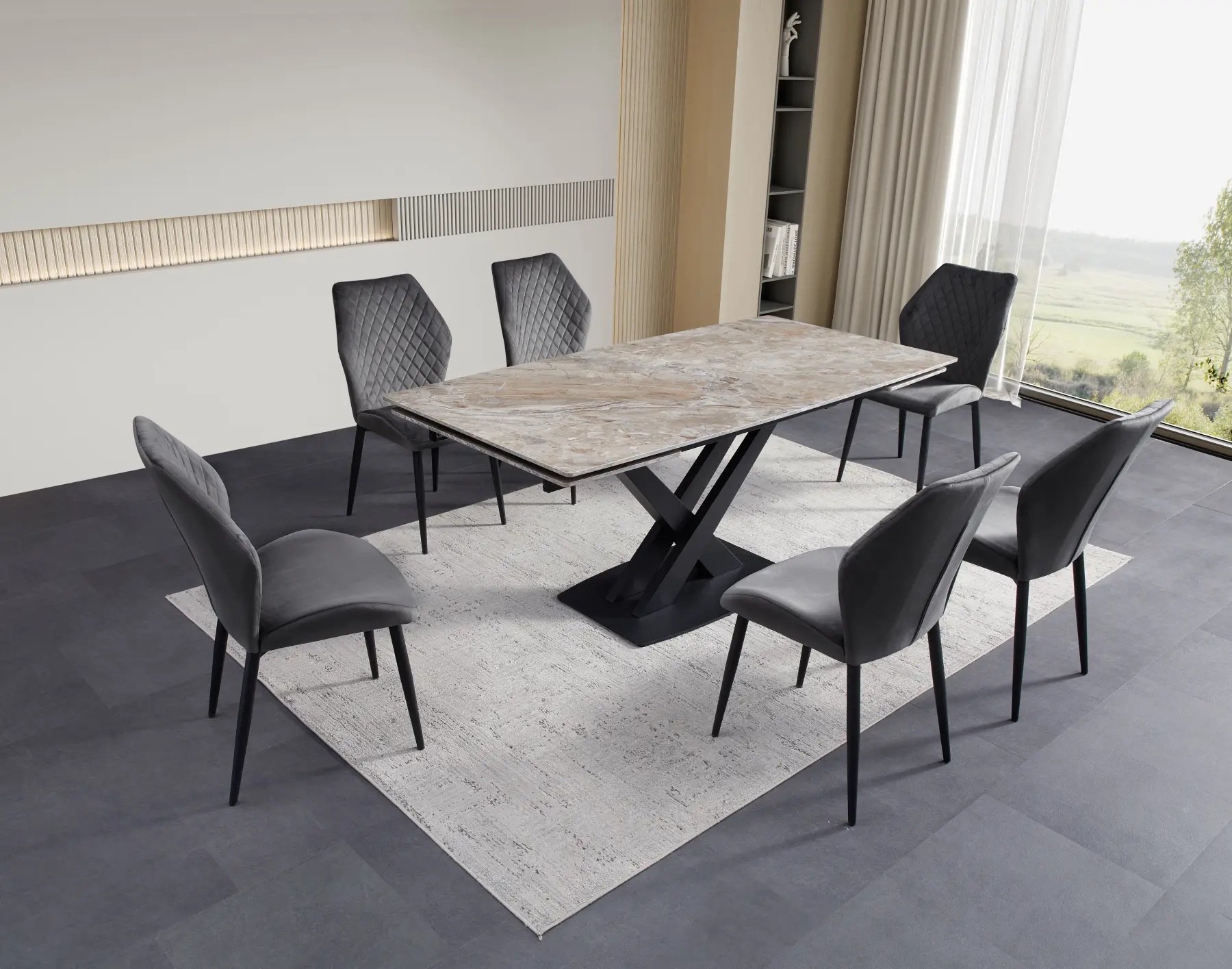 ceramic dining table grey brown with grey chairs | Tables and Chairs