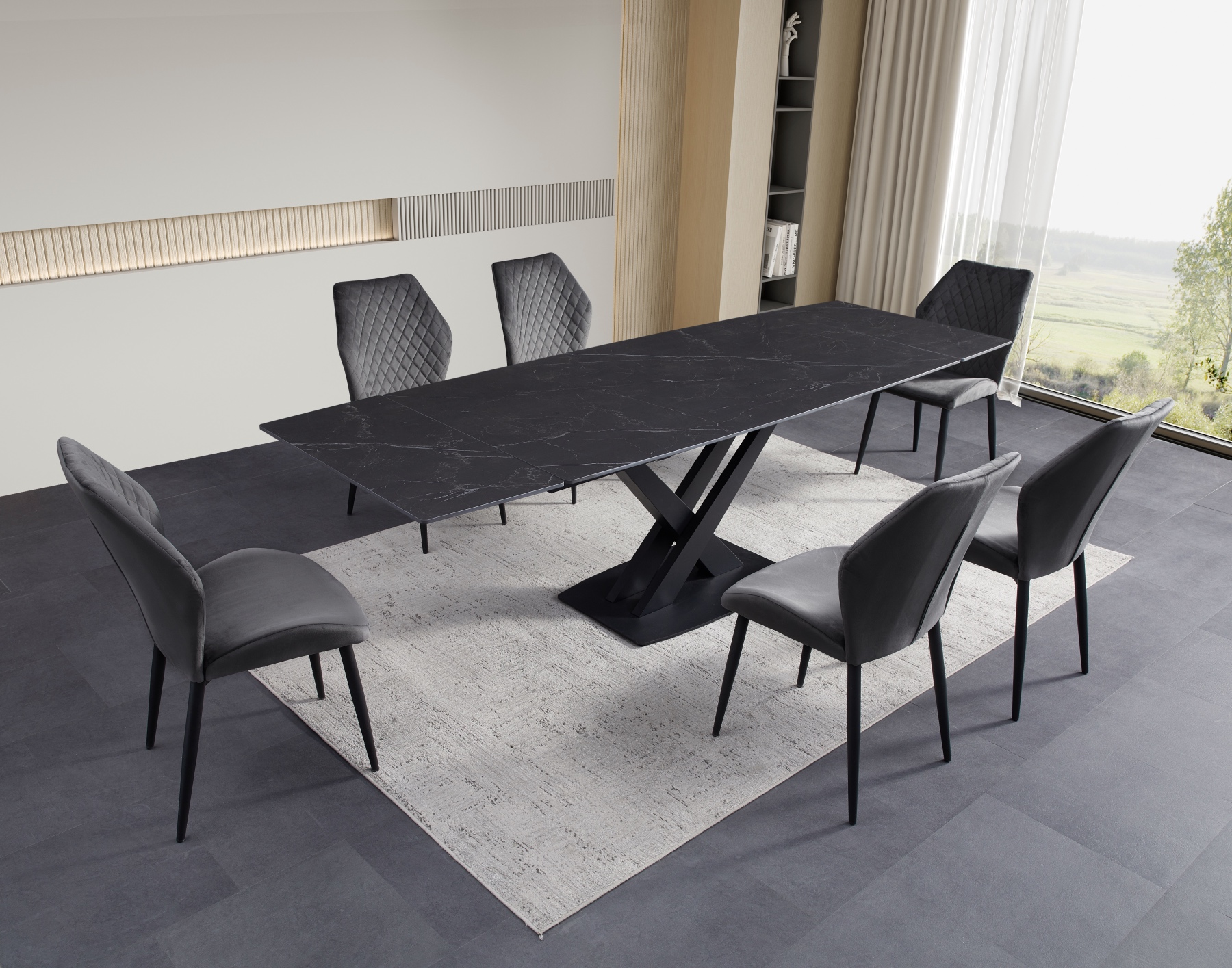 Anthracite Grey Ceramic Dining Table with Grey Chairs