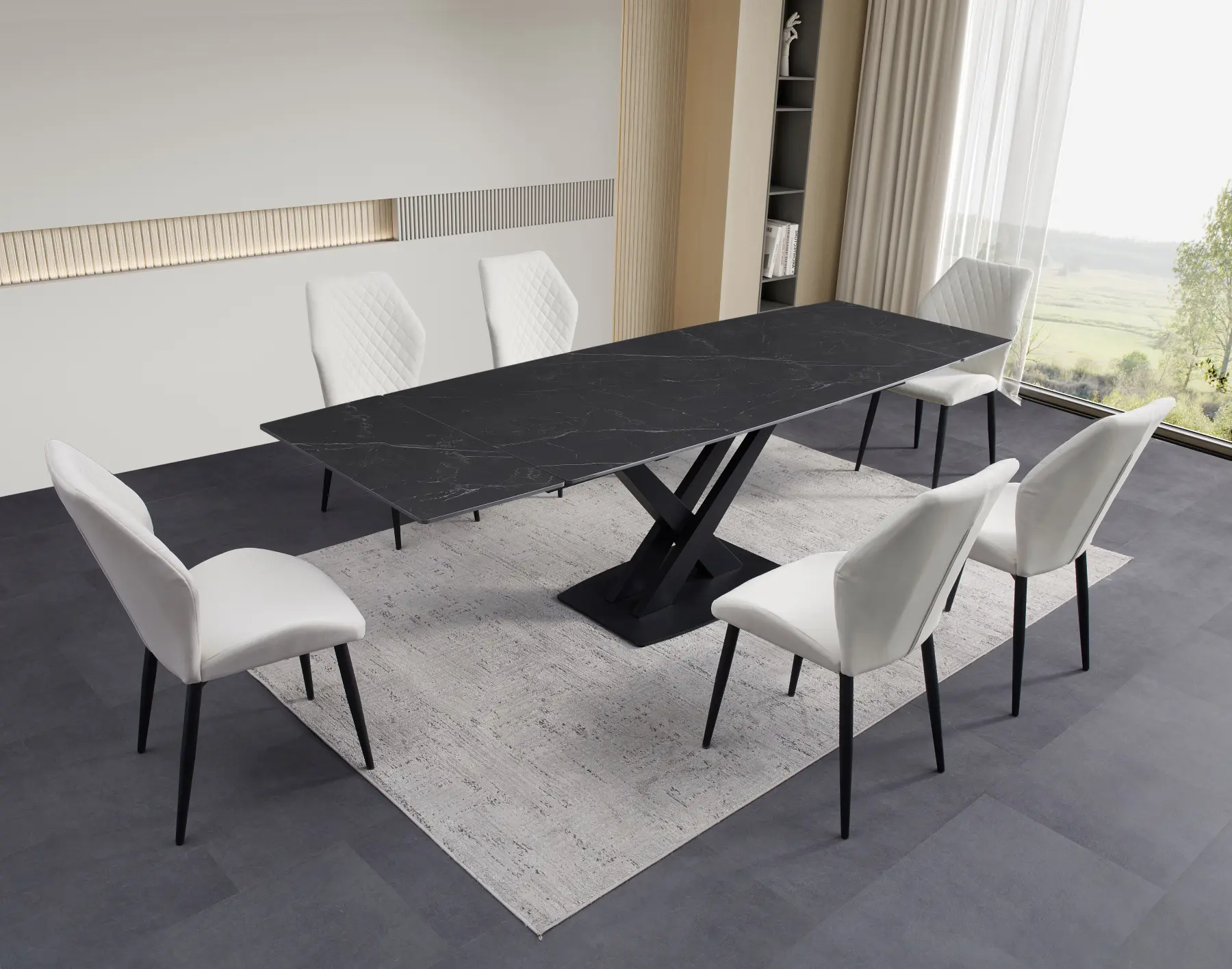 Charcoal Grey Ceramic Dining Table with Cream Chairs