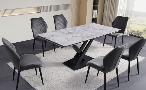 ceramic dining table light & dark grey with grey chairs | Tables and Chairs