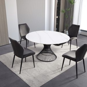 Ceramic dining table round white with grey chairs