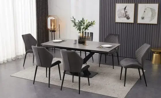ceramic dining table with grey chairs